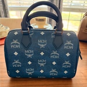 MCM Navy Monogram Visetos Mini Boston Satchel